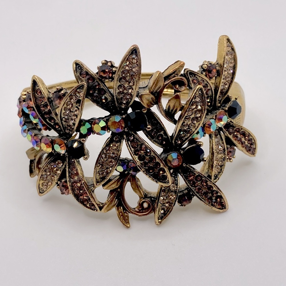 Rhinestone Crystal Dragonfly Brass Tone Metal Vintage Style AB - 7” / 2.1” D